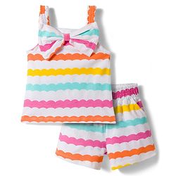 Babyhug Cotton Knit Sleeveless Co-Ords Printed Top & Shorts Set With Bow Applique - Multicolour