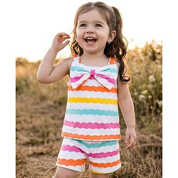 Babyhug Cotton Knit Sleeveless Co-Ords Printed Top & Shorts Set With Bow Applique - Multicolour