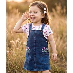 Babyhug Woven Denim Frock & Half Sleeves Inner Tee With Floral Print & Embroidery - Blue