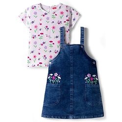 Babyhug Woven Denim Frock & Half Sleeves Inner Tee With Floral Print & Embroidery - Blue