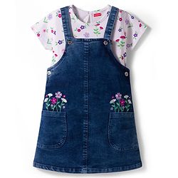 Babyhug Woven Denim Frock & Half Sleeves Inner Tee With Floral Print & Embroidery - Blue