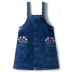 Babyhug Woven Denim Frock & Half Sleeves Inner Tee With Floral Print & Embroidery - Blue