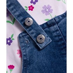 Babyhug Woven Denim Frock & Half Sleeves Inner Tee With Floral Print & Embroidery - Blue