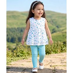 Babyhug Single Jersey Knit Sleeveless Top & Leggings Set With Polka Dot Print - White & Blue