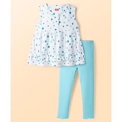 Babyhug Single Jersey Knit Sleeveless Top & Leggings Set With Polka Dot Print - White & Blue