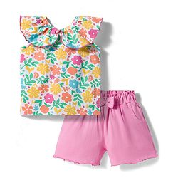 Babyhug Single Jersey Knit Frill Sleeves Top & Shorts Set with Floral Print & Bow Applique - Pink