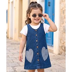 Babyhug Woven Denim Frock & Half Sleeves Inner Tee With Heart Patch - Blue