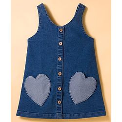 Babyhug Woven Denim Frock & Half Sleeves Inner Tee With Heart Patch - Blue