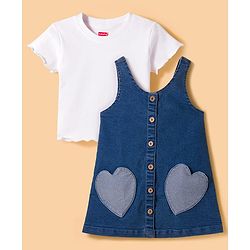 Babyhug Woven Denim Frock & Half Sleeves Inner Tee With Heart Patch - Blue