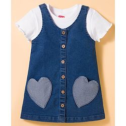 Babyhug Woven Denim Frock & Half Sleeves Inner Tee With Heart Patch - Blue