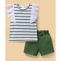 Babyhug Popcorn Knit Sleeveless Striped Top & Shorts Set - Green & White