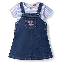 Babyhug Denim Woven Frock & Half Sleeves Inner Tee With Floral Print & Embroidery - Blue