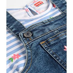 Babyhug Denim Woven Frock & Half Sleeves Inner Tee With Floral Print & Embroidery - Blue