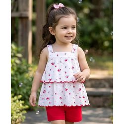 Babyhug Single Jersey Knit Sleeveless Floral Printed Top & Shorts Set - Red & White