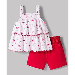Babyhug Single Jersey Knit Sleeveless Floral Printed Top & Shorts Set - Red & White