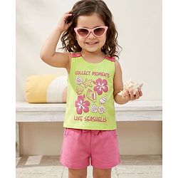 Babyhug Single Jersey Knit Sleeveless Top & Shorts Set with Seashell Print - Lime Green & Pink