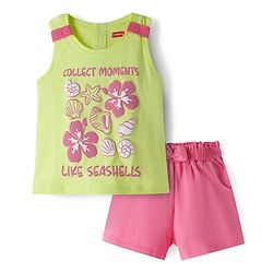 Babyhug Single Jersey Knit Sleeveless Top & Shorts Set with Seashell Print - Lime Green & Pink