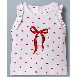 Babyhug Cotton Knit Sleeveless Hearts Printed & Bow Embroidered Top & Shorts Set - White & Red
