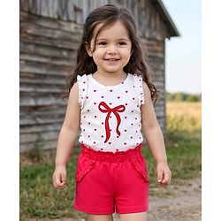 Babyhug Cotton Knit Sleeveless Hearts Printed & Bow Embroidered Top & Shorts Set - White & Red