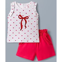Babyhug Cotton Knit Sleeveless Hearts Printed & Bow Embroidered Top & Shorts Set - White & Red