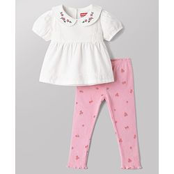 Babyhug Single Jersey Knit Half Sleeves Top & Leggings Set with Floral Print & Embroidery - White & Pink