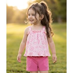 Babyhug Single Jersey Knit Sleeveless Top & Shorts Set with Floral Print & Bow Applique - Pink