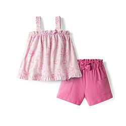Babyhug Single Jersey Knit Sleeveless Top & Shorts Set with Floral Print & Bow Applique - Pink