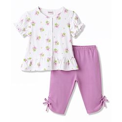 Babyhug Single Jersey Knit Half Sleeves Floral Printed Top & Pant Set - Multi Color
