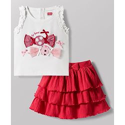 Babyhug Single Jersey Knit Sleeveless Top & Layered Skirt Set with Bow Applique - Red & White