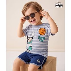 Babyhug Disney Single Jersey Knit Half Sleeves T-Shirt & Shorts Set with Mickey Mouse Graphics - Light Grey