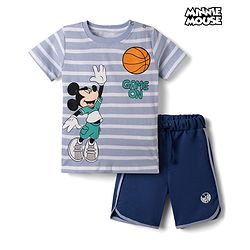 Babyhug Disney Single Jersey Knit Half Sleeves T-Shirt & Shorts Set with Mickey Mouse Graphics - Light Grey