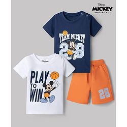 Babyhug Disney Single Jersey Knit Half Sleeves T-Shirts & Shorts Set with Mickey Mouse Graphics - Orange White & Navy Blue