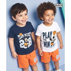 Babyhug Disney Single Jersey Knit Half Sleeves T-Shirts & Shorts Set with Mickey Mouse Graphics - Orange White & Navy Blue