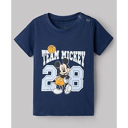 Babyhug Disney Single Jersey Knit Half Sleeves T-Shirts & Shorts Set with Mickey Mouse Graphics - Orange White & Navy Blue