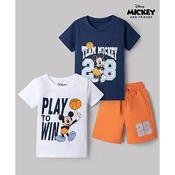 Babyhug Disney Single Jersey Knit Half Sleeves T-Shirts & Shorts Set with Mickey Mouse Graphics - Orange White & Navy Blue