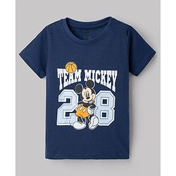 Babyhug Disney Single Jersey Knit Half Sleeves T-Shirts & Shorts Set with Mickey Mouse Graphics - Orange White & Navy Blue