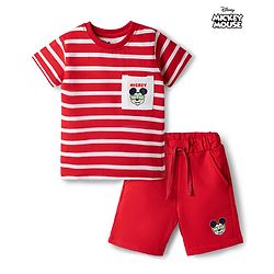 Babyhug Disney Single Jersey Knit Half Sleeves T-Shirt & Shorts Set with Mickey Mouse Graphics - Red