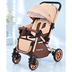 Babyhug Stroller with Reversible Handle & Feeding Tray - Khaki| Reversible Handle| Suspension Wheels| Linen Fabric| Front Swivel Wheels| Storage Basket| Linked Brake| Food Tray
