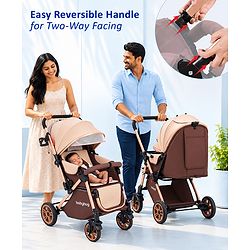 Babyhug Stroller with Reversible Handle & Feeding Tray - Khaki| Reversible Handle| Suspension Wheels| Linen Fabric| Front Swivel Wheels| Storage Basket| Linked Brake| Food Tray