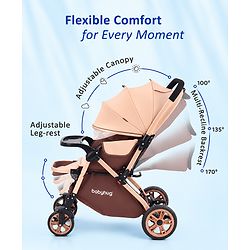 Babyhug Stroller with Reversible Handle & Feeding Tray - Khaki| Reversible Handle| Suspension Wheels| Linen Fabric| Front Swivel Wheels| Storage Basket| Linked Brake| Food Tray
