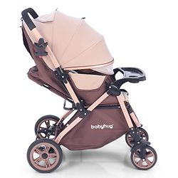 Babyhug Stroller with Reversible Handle & Feeding Tray - Khaki| Reversible Handle| Suspension Wheels| Linen Fabric| Front Swivel Wheels| Storage Basket| Linked Brake| Food Tray