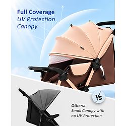 Babyhug Stroller with Reversible Handle & Feeding Tray - Khaki| Reversible Handle| Suspension Wheels| Linen Fabric| Front Swivel Wheels| Storage Basket| Linked Brake| Food Tray