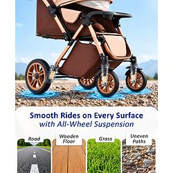 Babyhug Stroller with Reversible Handle & Feeding Tray - Khaki| Reversible Handle| Suspension Wheels| Linen Fabric| Front Swivel Wheels| Storage Basket| Linked Brake| Food Tray