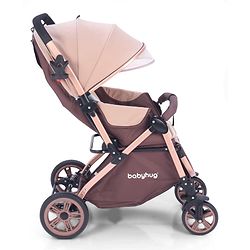 Babyhug Stroller with Reversible Handle & Feeding Tray - Khaki| Reversible Handle| Suspension Wheels| Linen Fabric| Front Swivel Wheels| Storage Basket| Linked Brake| Food Tray