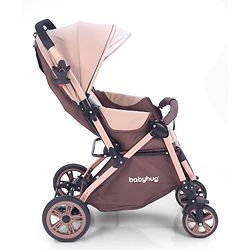 Babyhug Stroller with Reversible Handle & Feeding Tray - Khaki| Reversible Handle| Suspension Wheels| Linen Fabric| Front Swivel Wheels| Storage Basket| Linked Brake| Food Tray