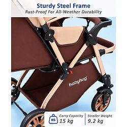 Babyhug Stroller with Reversible Handle & Feeding Tray - Khaki| Reversible Handle| Suspension Wheels| Linen Fabric| Front Swivel Wheels| Storage Basket| Linked Brake| Food Tray