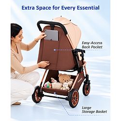 Babyhug Stroller with Reversible Handle & Feeding Tray - Khaki| Reversible Handle| Suspension Wheels| Linen Fabric| Front Swivel Wheels| Storage Basket| Linked Brake| Food Tray