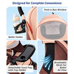 Babyhug Stroller with Reversible Handle & Feeding Tray - Khaki| Reversible Handle| Suspension Wheels| Linen Fabric| Front Swivel Wheels| Storage Basket| Linked Brake| Food Tray