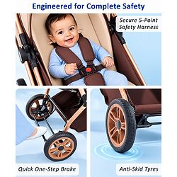 Babyhug Stroller with Reversible Handle & Feeding Tray - Khaki| Reversible Handle| Suspension Wheels| Linen Fabric| Front Swivel Wheels| Storage Basket| Linked Brake| Food Tray