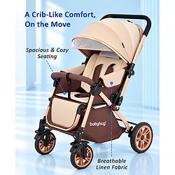 Babyhug Stroller with Reversible Handle & Feeding Tray - Khaki| Reversible Handle| Suspension Wheels| Linen Fabric| Front Swivel Wheels| Storage Basket| Linked Brake| Food Tray
